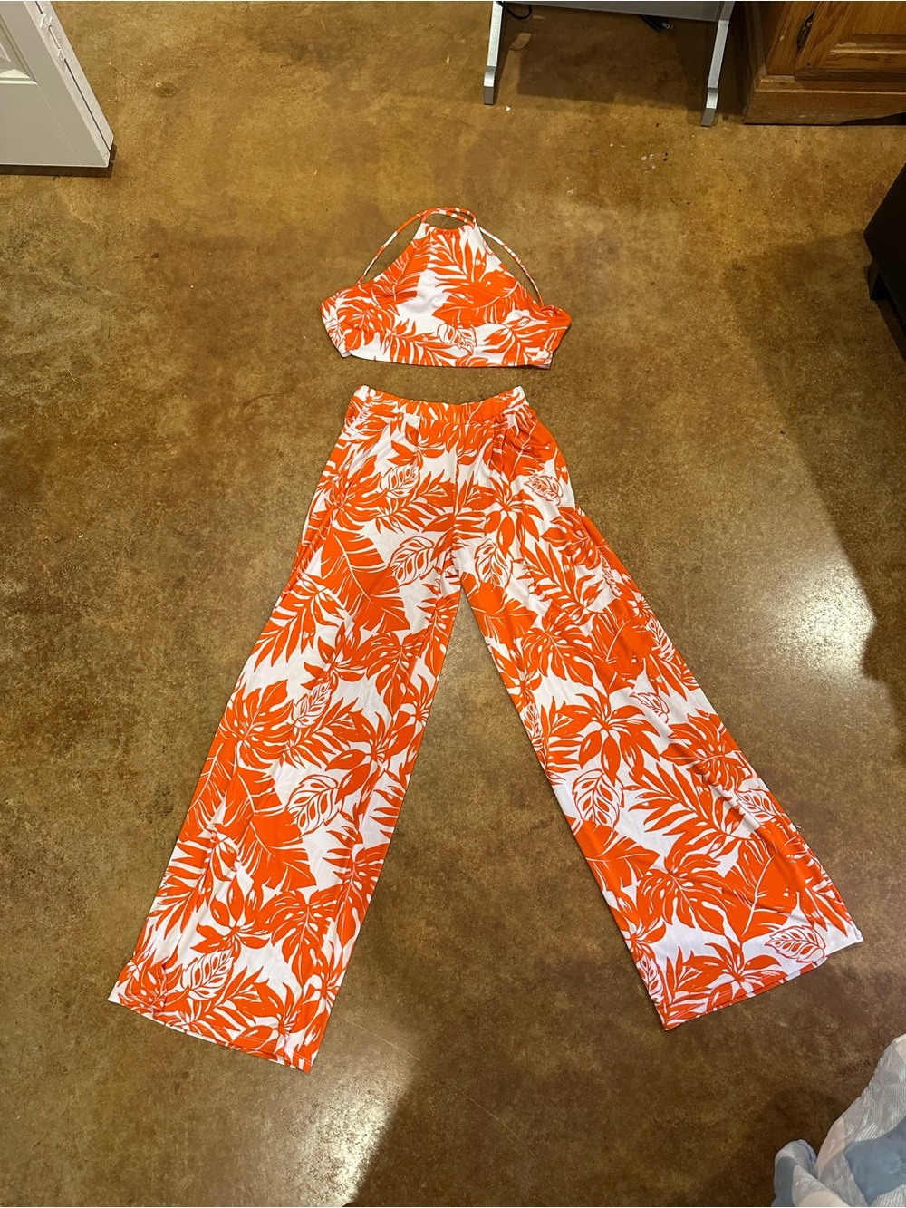 Orange Floral Wide-Leg Pants - Two-Piece Set